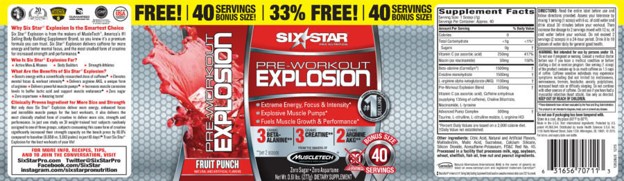 Official label of Six Star Pro Nutrition Pre-Workout Explosioin Fruit Punch (NIH DSLD #63149)