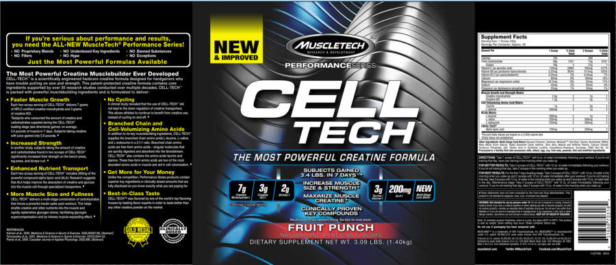 Official label of MuscleTech Performance Series Cell Tech Fruit Punch (NIH DSLD #63177)