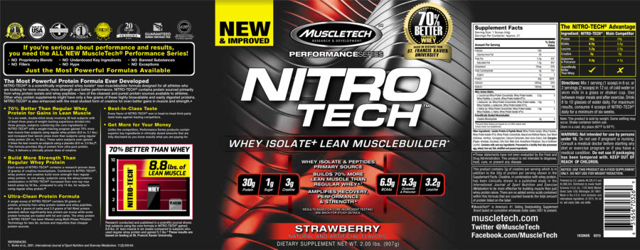 Official label of MuscleTech Performance Series Nitro Tech Strawberry (NIH DSLD #63630)