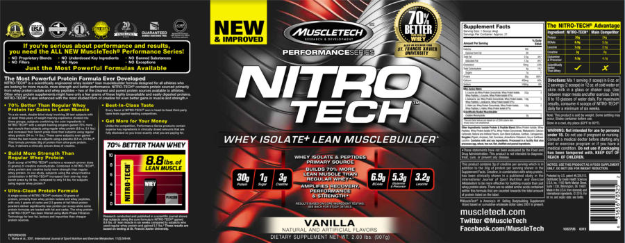 Official label of MuscleTech Performance Series Nitro Tech Vanilla (NIH DSLD #63631)