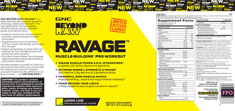 Official label of GNC Beyond Raw Ravage Lemon Lime (NIH DSLD #63973)