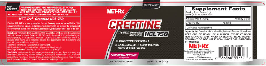 Official label of MET-Rx Creatine HCL 750 Pomegranate Punch (NIH DSLD #64043)