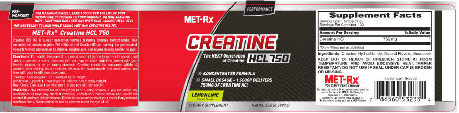Official label of MET-Rx Creatine HCL 750 Lemon Lime (NIH DSLD #64051)