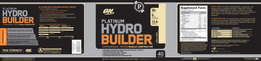 Official label of ON Optimum Nutrition Platinum Hydro Builder Vanilla Bean (NIH DSLD #65662)
