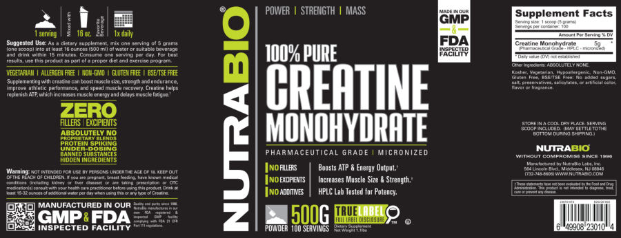 Official label of NutraBio 100% Pure Creatine Monohydrate (NIH DSLD #66329)