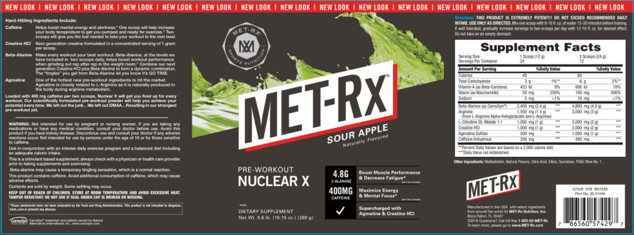 Official label of MET-Rx Pre-Workout Nuclear X Sour Apple (NIH DSLD #66354)