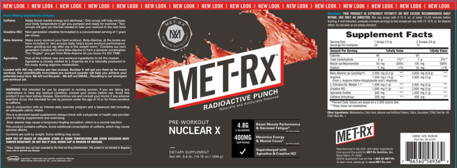 Official label of MET-Rx Pre-Workout Nuclear X Radioactive Punch (NIH DSLD #66359)