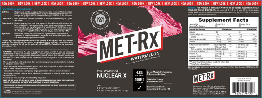 Official label of MET-Rx Pre-Workout Nuclear X Watermelon (NIH DSLD #66360)
