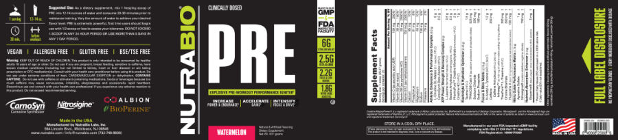 Official label of NutraBio Pre Watermelon (NIH DSLD #66552)
