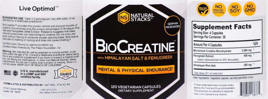 Official label of NS Natural Stacks BioCreatine With Himalayan Salt & Fenugreek (NIH DSLD #66578)