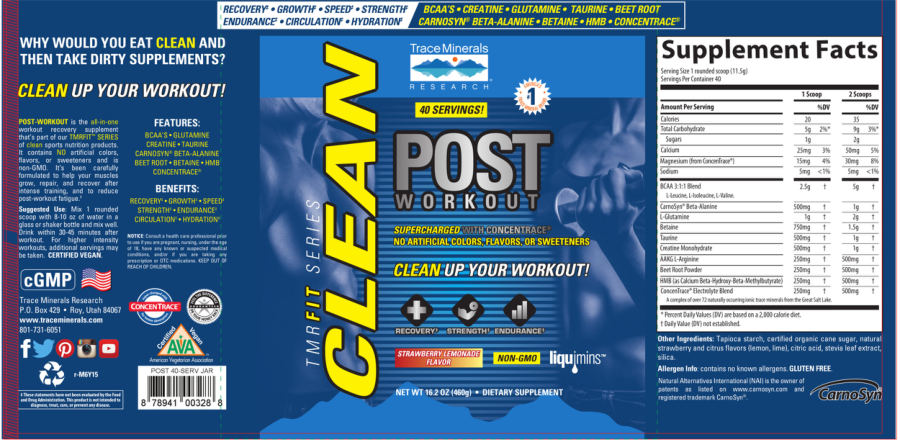 Official label of Trace Minerals Research Clean Post Workout Strawberry Lemonade Flavor (NIH DSLD #66851)