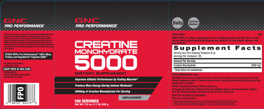 Official label of GNC Pro Performance Creatine Monohydrate 5000 Unflavored (NIH DSLD #66885)