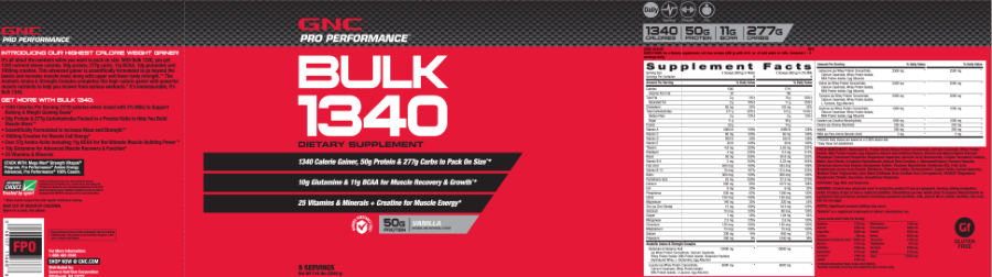 Official label of GNC Pro Performance Bulk 1340 Vanilla (NIH DSLD #66984)