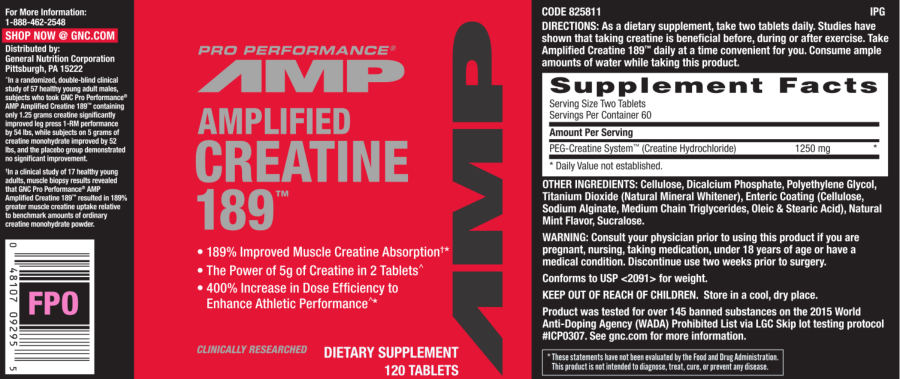 Official label of GNC Pro Performance AMP Amplified Creatine 189 (NIH DSLD #69333)