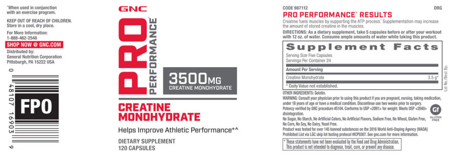 Official label of GNC Pro Performance Creatine Monohydrate 3500 mg (NIH DSLD #69400)