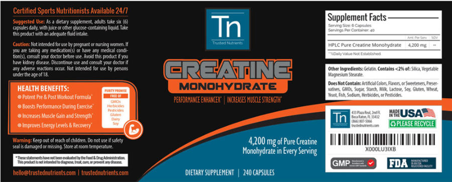 Official label of TN Trusted Nutrients Creatine Monohydrate (NIH DSLD #70290)