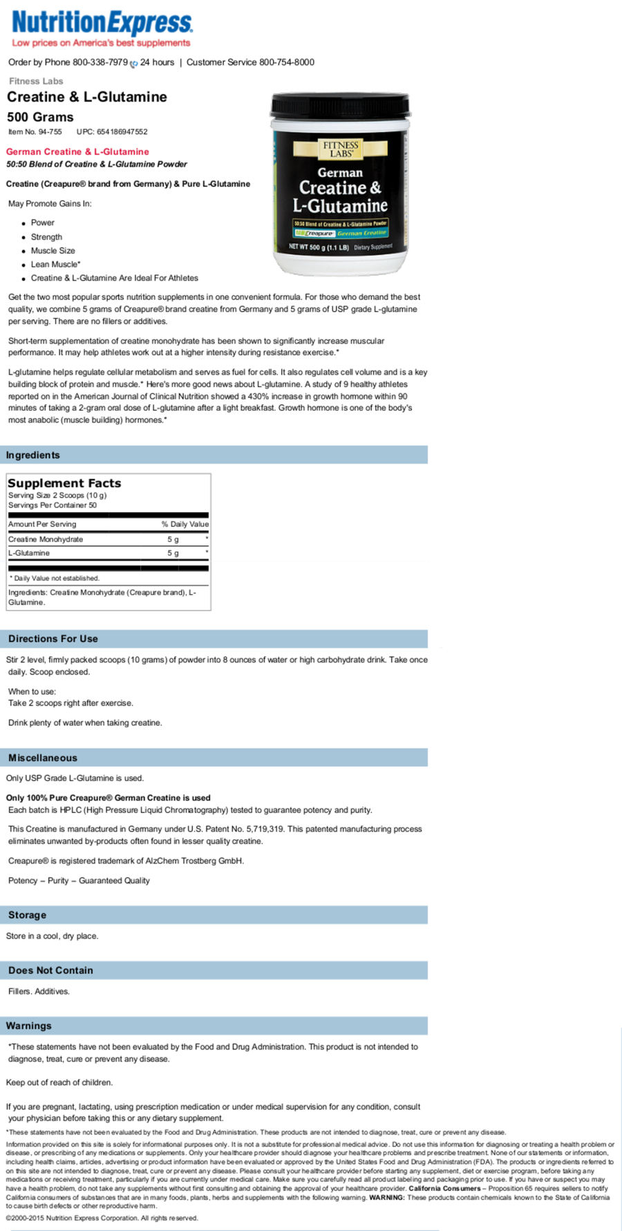 Official label of Fitness Labs German Creatine & L-Glutamine (NIH DSLD #70424)