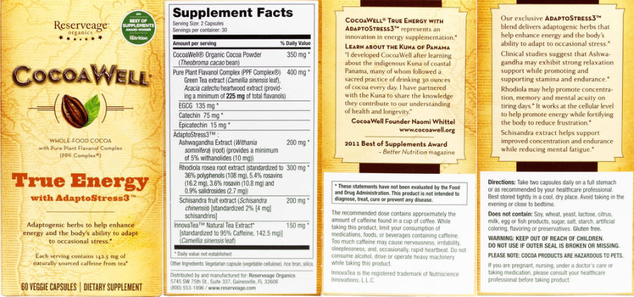 Official label of Reserveage Organics CocoaWell True Energy (NIH DSLD #70754)