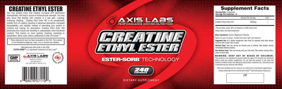 Official label of Axis Labs Creatine Ethyl Ester (NIH DSLD #711)