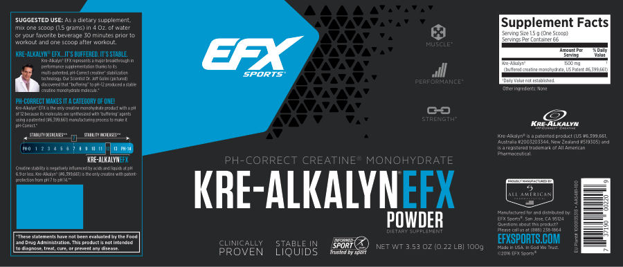 Official label of EFX Sports Kre-Alkalyn EFX Powder (NIH DSLD #71276)