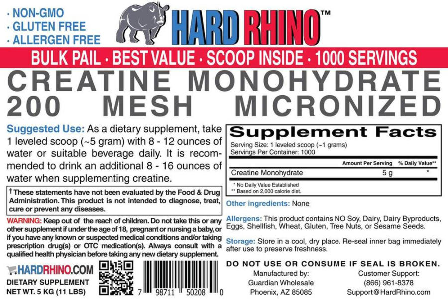 Official label of Hard Rhino Creatine Monohydrate 200 Mesh Micronized (NIH DSLD #71870)