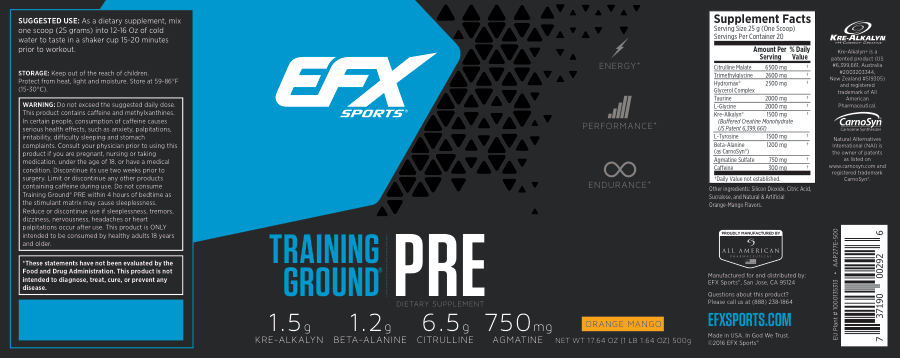 Official label of EFX Sports Training Ground PRE Orange Mango (NIH DSLD #71974)