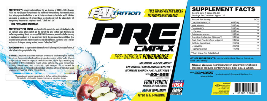 Official label of Faktrition Pre Cmplx Fruit Punch (NIH DSLD #72914)