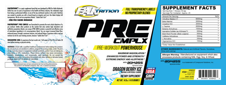 Official label of Faktrition Pre Cmplx Dragon Berry Ice (NIH DSLD #72918)
