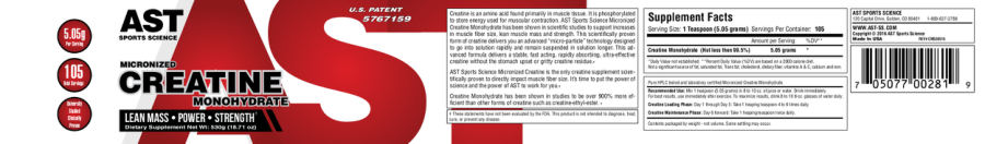 Official label of AST Sports Science Micronized Creatine Monohydrate (NIH DSLD #73408)