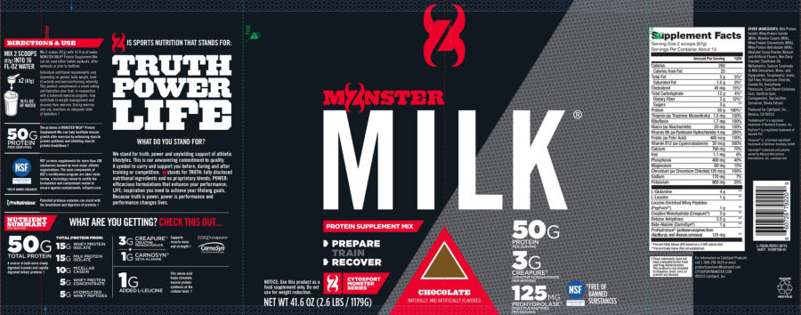 Official label of CytoSport Monster Series Monster Milk Chocolate (NIH DSLD #73702)