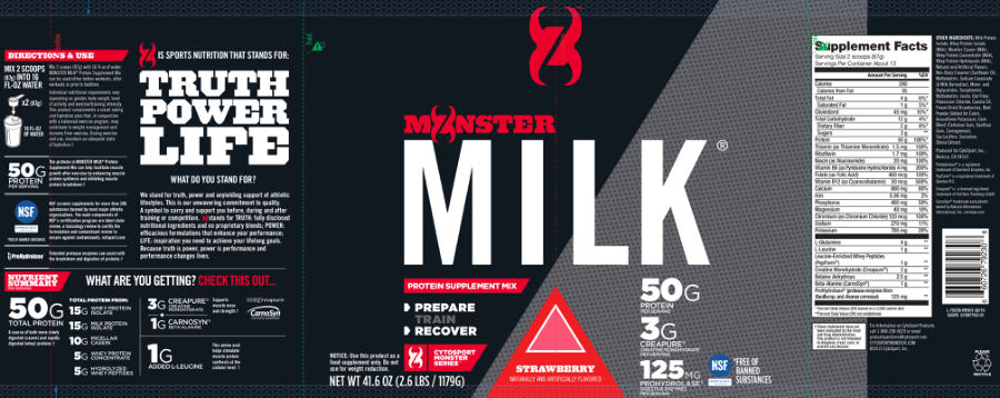Official label of CytoSport Monster Series Monster Milk Strawberry (NIH DSLD #73703)