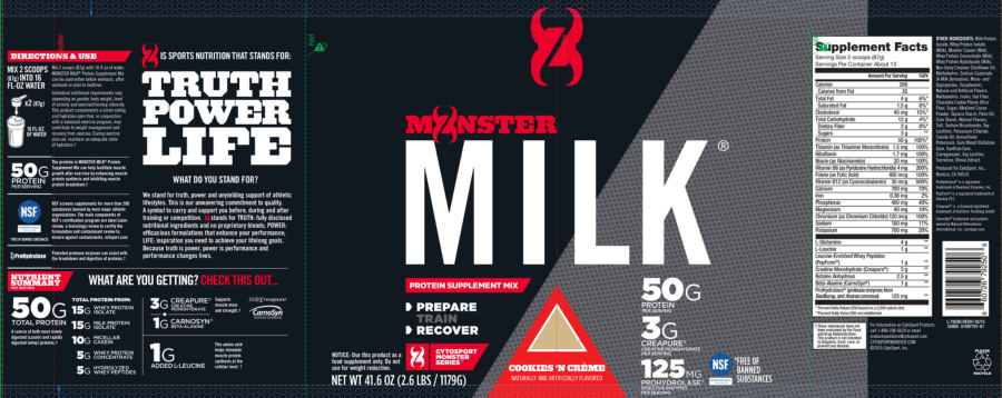 Official label of CytoSport Monster Series Monster Milk Cookies 'N Creme (NIH DSLD #73738)