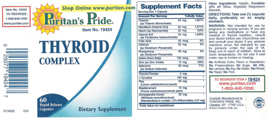 Official label of Puritan's Pride Thyroid Complex (NIH DSLD #74182)