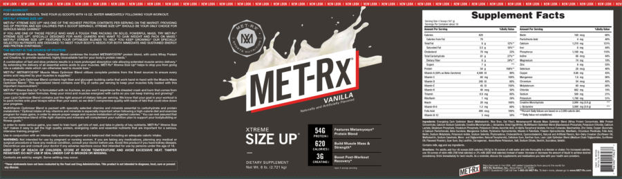 Official label of MET-Rx Xtreme Size Up Vanilla (NIH DSLD #74235)