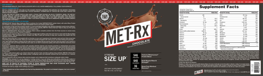 Official label of MET-Rx Xtreme Size Up Chocolate (NIH DSLD #74269)