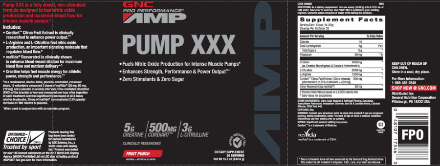 Official label of GNC Pro Performance AMP Pump XXX Fruit Punch (NIH DSLD #74583)