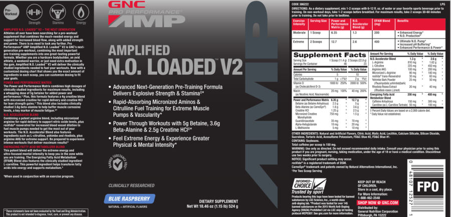 Official label of GNC Pro Performance AMP Amplified N.O. Loaded V2 Blue Raspberry (NIH DSLD #74603)