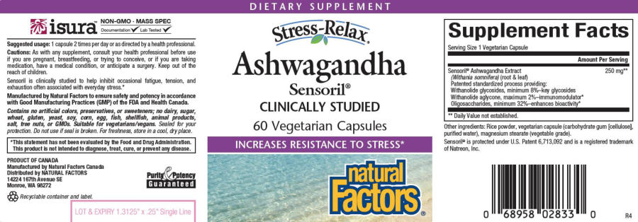 Official label of Natural Factors Stress-Relax Ashwagandha Sensoril (NIH DSLD #75914)