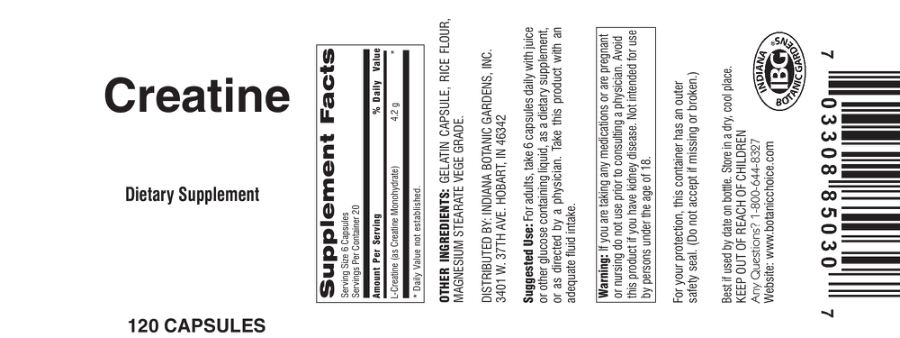 Official label of Indiana Botanic Gardens Creatine (NIH DSLD #76399)