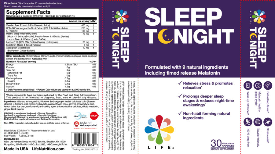 Official label of Life Sleep Tonight (NIH DSLD #76853)