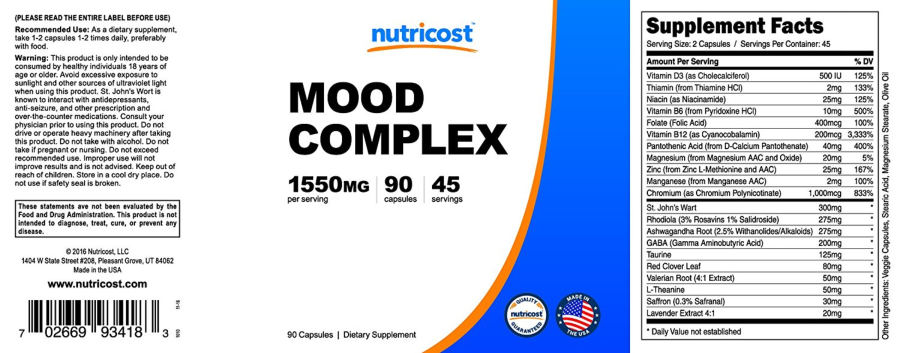Official label of Nutricost Mood Complex (NIH DSLD #77064)
