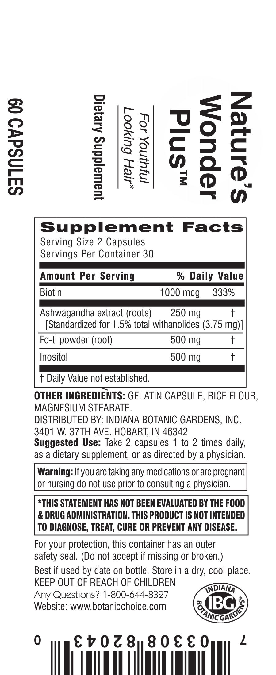 Official label of Indiana Botanic Gardens Nature's Wonder Plus (NIH DSLD #77217)