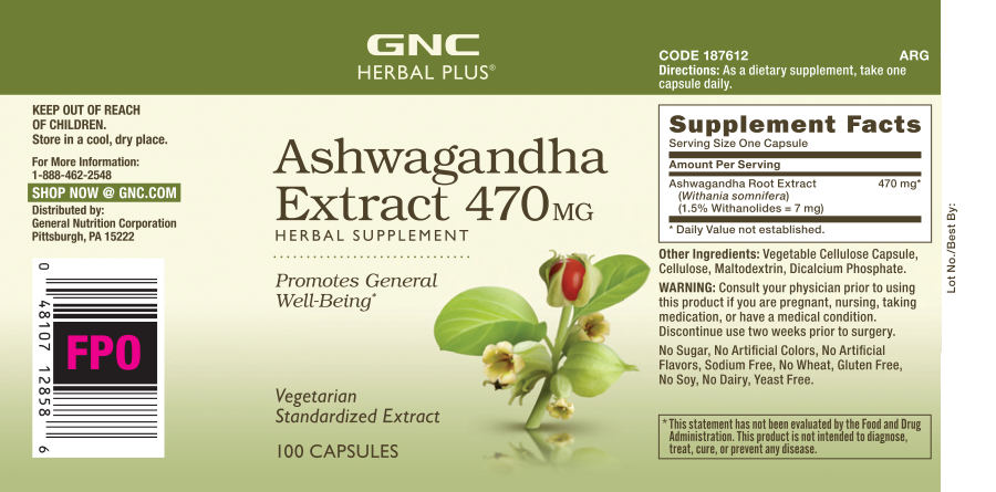 Official label of GNC Herbal Plus Ashwagandha Extract 470 mg (NIH DSLD #78369)