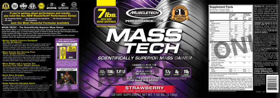 Official label of MuscleTech Performance Series Mass Tech Strawberry (NIH DSLD #79315)