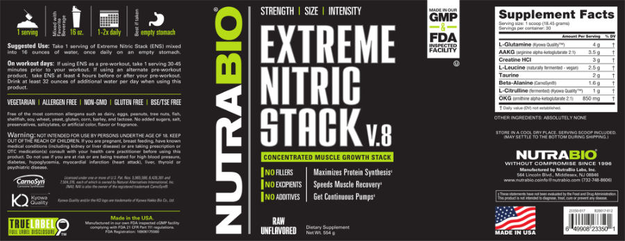 Official label of NutraBio Extreme Nitric Stack V.8 Raw Unflavored (NIH DSLD #79813)