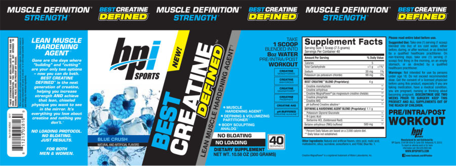 Official label of BPI Sports Best Creatine Defined Blue Crush (NIH DSLD #79984)
