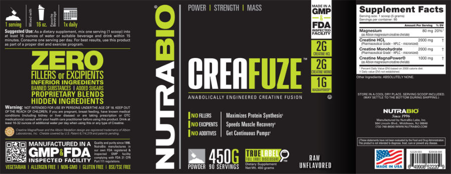 Official label of NutraBio CreaFuze Raw Unflavored (NIH DSLD #80009)