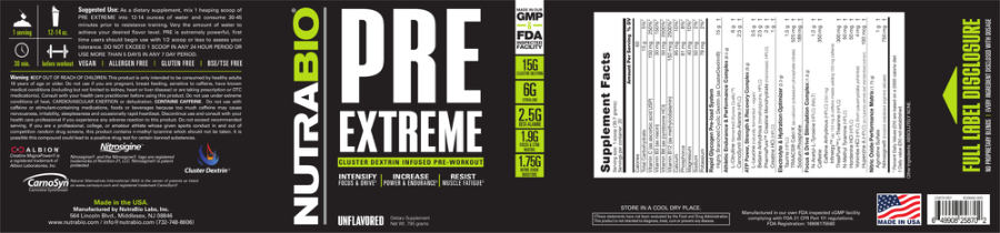 Official label of NutraBio Pre Extreme Unflavored (NIH DSLD #80484)