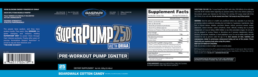 Official label of Gaspari Nutrition SuperPump 250 Boardwalk Cotton Candy (NIH DSLD #80661)